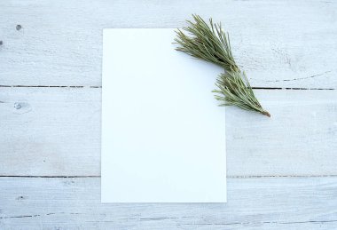 Beyaz ahşap bir masa arkasında boş bir kağıt ve çam dalları olan bir kadın masaüstü düzeni. Boşluk. Stylize edilmiş stok fotoğrafı, web afişi. Düz yatış, üst görünüm.
