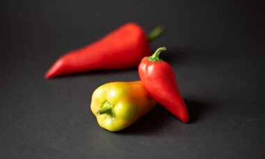 Siyah arka planda, bahçeden üç farklı renk ve şekil. Siyah arka planda kırmızı ve sarı dolma biber..