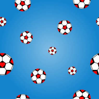 Mavi degrade arka plan üzerinde kırmızı kalp ile seamless modeli futbolun vektör