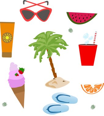 Sette yaz simgeleri, hatıra defteri elementleri, dondurma, meyve, izole bir arkaplanda palmiye ağacı