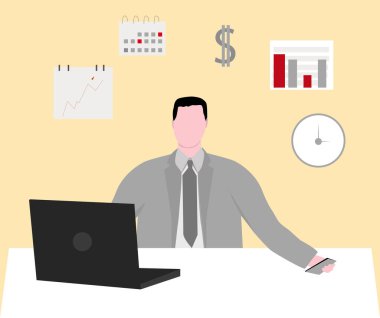 bir adam dizüstü bilgisayarda çalışır, bir sürü işi olan bir adam, bir adam para ve iş hakkında düşünür, bir adamın iş yerinde bir çok görevi vardır, bir daire stilinde bir vektör çizimi. Patron ofiste.