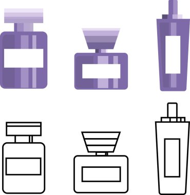 İzole bir arkaplanda yassı bir parfüm şişesinin vektör çizimi, parfümlü su için bir kavanoz seti.