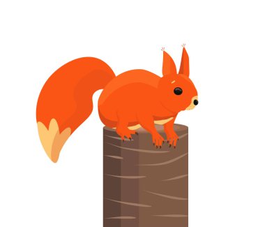 Bir sincap kütüğün üzerinde otururken vektör çizimi, karikatür tarzında izole edilmiş bir arka planda bir sincap.