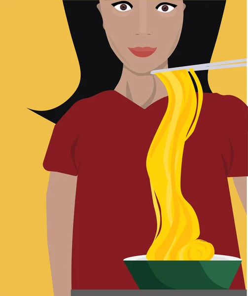 Mulher Asiática Comendo Macarrão Asiático Fundo Amarelo Vetor Ilustrador —  Vetores de Stock