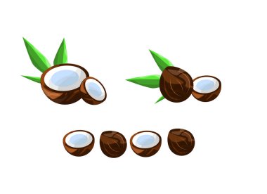 Hindistan cevizi, yarım hindistan cevizi ve palmiye yapraklarından oluşan 3 boyutlu vektör kümesi izole bir arka plan, vektör illüstrasyon çizgi filmi hindistan cevizi