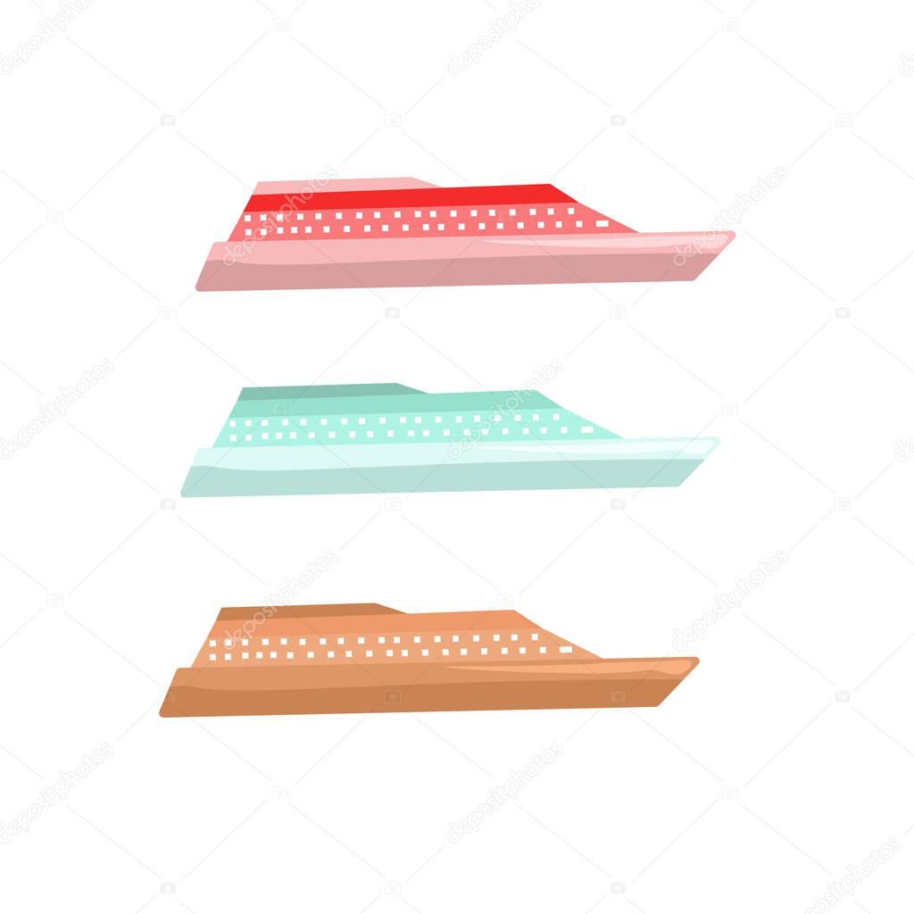 vector illustration set of passenger liners of different colors, passenger ship on isolated background