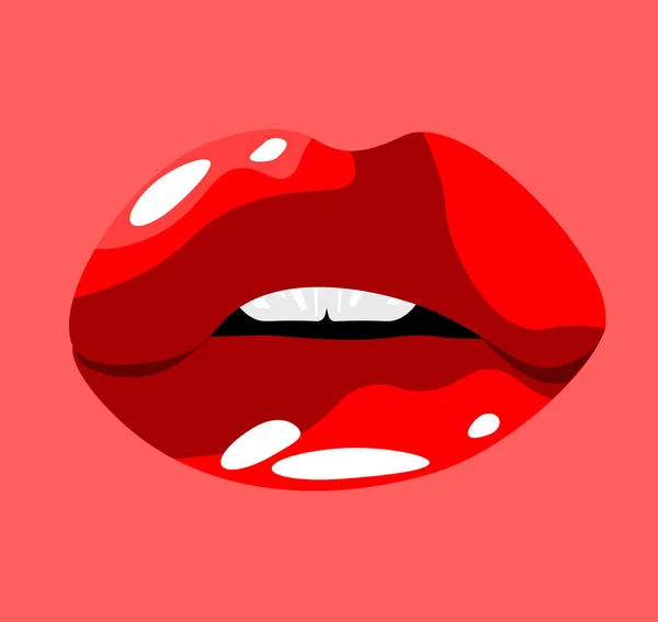 Vector Illustration Glossy Red Parted Passionate Lips Red Background Shiny — Stock Vector