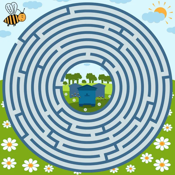 Arının arıya giden yolu bulması gereken doğanın temasındaki labirent bulmacası, labirentin şekli yuvarlak, renk vektörü illüstrasyonu, çocuklar için eğitim ve eğlence, kitap ve web sitelerinin tasarımı
