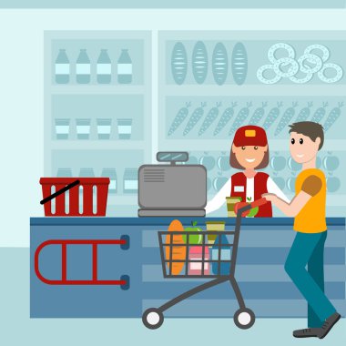 Bir marketteki erkek müşteri kasada hesaplanır, düz stil, tasarım, dekorasyon ve renk vektör illüstrasyonunda