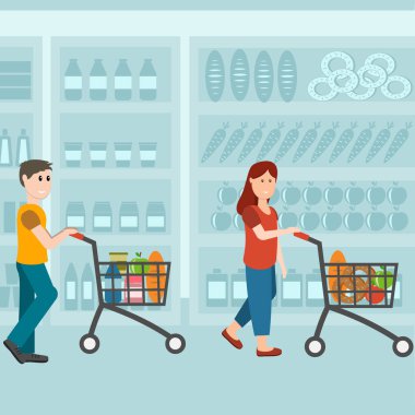 Marketlerde alışveriş yapan erkek ve kadın müşteriler, düz stil, tasarım, dekorasyon gibi renk vektör çizimleri.