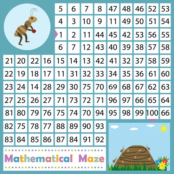 关于自然主题的数学迷宫 蚂蚁必须通过数字 彩色矢量图解来找到通向蚁丘的路 为儿童的教育和发展 为儿童书籍的设计 — 图库矢量图片