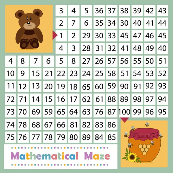 Doğanın teması üzerine matematiksel labirent, ayı bal kavanozuna numaralar, renk vektörü çizimleri, çocuk eğitimi ve gelişimi, çocuk kitapları tasarımı için bir yol bulmak zorundadır.