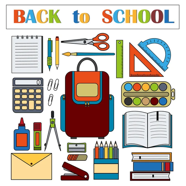 Sırt çantalı ofis okulu seti, düz stil, renk vektörü illüstrasyonu, beyaz arkaplan, okula geri dönüş metni, pankart, tasarım, dekorasyon