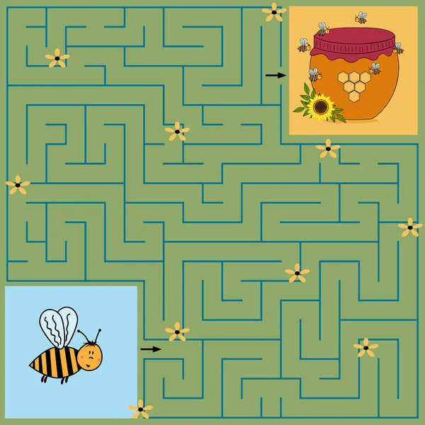为孩子们设计的五彩缤纷的迷宫游戏蜜蜂必须找到一条通向蜂蜜瓶的路 绿色的背景和花朵 矢量图解 — 图库矢量图片