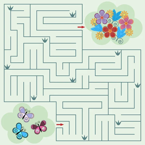 Jogo Labirinto Para Crianças Sobre Tema Natureza Borboletas Flores Ilustração —  Vetores de Stock