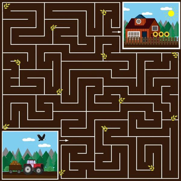 Maze game for kids help the tractor to get home on the field, the brown background, vector illustration