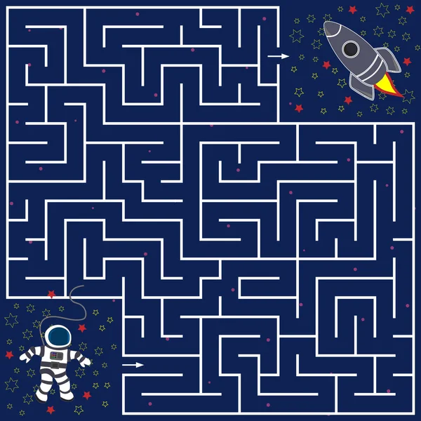 Çocuklar için labirent oyunu astronotun rokete giden yolu bulmasına yardımcı olur, arka plan mavi yıldızlar, vektör illüstrasyonu, eğitim ve çocukların gelişimi