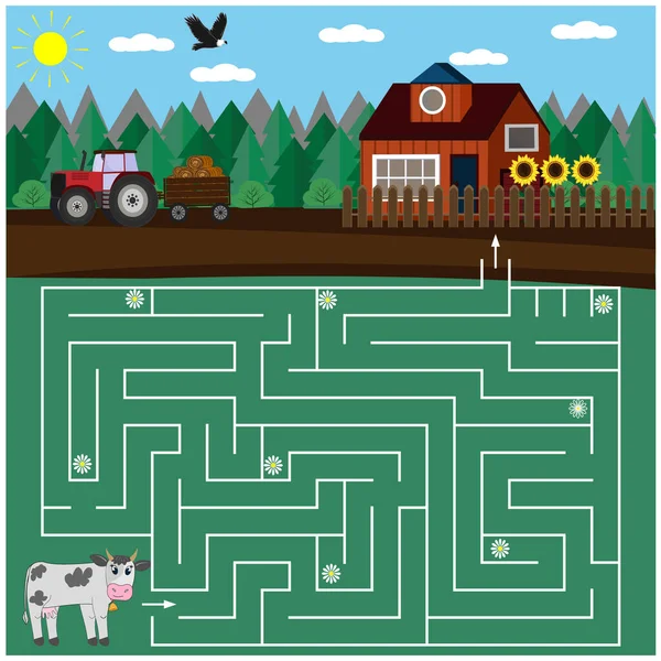 Maze Game Children Theme Nature Cow House Village — Stock Vector