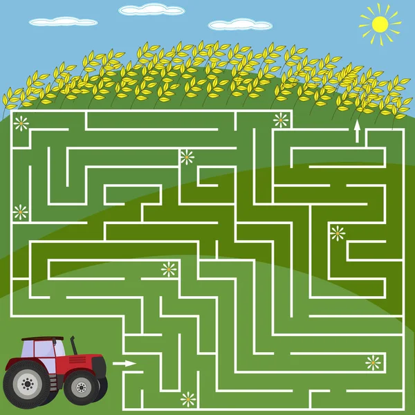 Bludiště Pro Děti Téma Příroda Traktor Pole Pšenicí — Stockový vektor