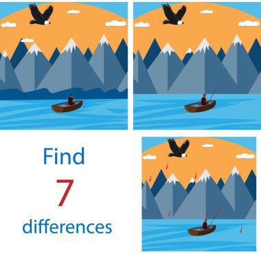 Çocuklar için farkındalık temalı bir oyun. Doğa dağları, nehir ve tekne bir balıkçıyla birlikte. Resimlerde 7 farklılık bulmalısınız.