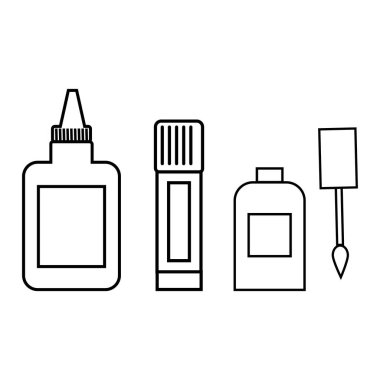 Kırtasiye yapıştırıcısı ve hata düzeltme düzelticisi, siyah anahat beyaz arkaplan, izole vektör çizimi, tasarım, dekorasyon, renklendirme, simge