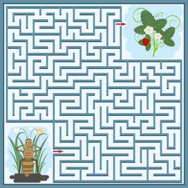 Bir karınca ve çilek çalısı görüntüsü olan labirent, gelişim ve eğitim, eğlence ve çocuk kitapları tasarımı ile doğru yolu bulmanız gerekiyor.
