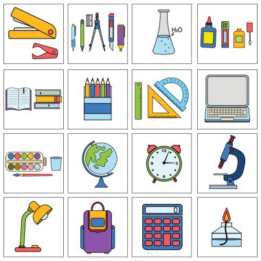 Doodle, beyaz arkaplan, tasarım, pankart, simge, tasarım, vektör illüstrasyonu, izole ögeler tarzında yapılmış, okul ve eğitim teması üzerine renkli simgeler kümesi