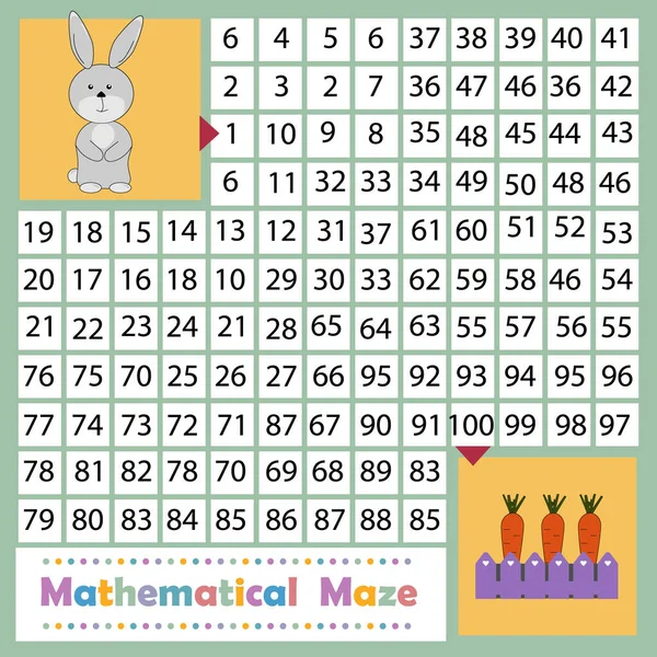 Maze matematiksel tavşan ve havuç, tavşanın havuç, renk vektörü illüstrasyonu, tasarım, dekorasyon, eğlence ve eğitime giden yolu bulması için gerekli sayıları takip ederek