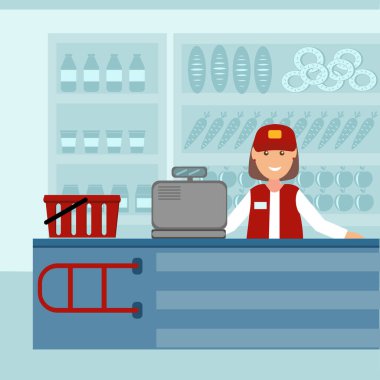 Seller cashier at the checkout in a grocery store on the background of a refrigerator and counter, color vector illustration in flat style, design, site design