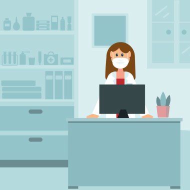 Eczanede koruyucu maske takan bir eczacının danışmanlığı, renk vektörü çizimi, web sitesi tasarımı, afiş, tasarım