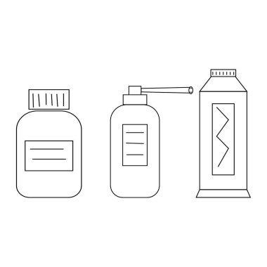 İçinde ilaç ve vitamin bulunan şişeler, siyah çizgili beyaz arkaplan, siyah ve beyaz vektör çizimi, ikon, tasarım