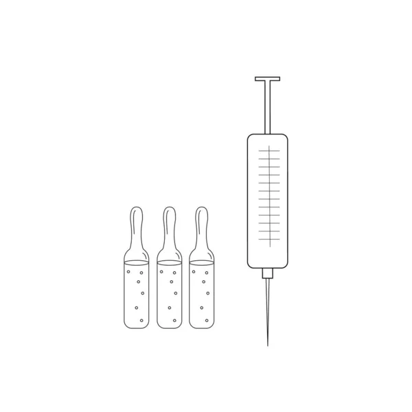 Injectiespuit Voor Injectie Ampullen Met Geneesmiddel Vaccin Zwarte Omtrek Witte — Stockvector