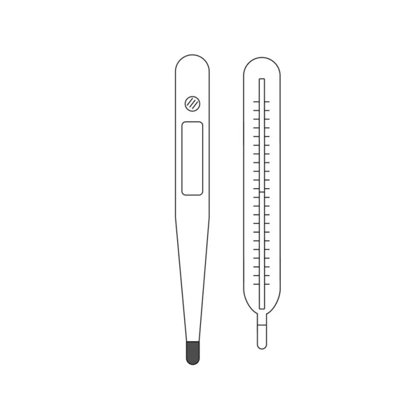成套温度计 汞温度计和电子温度计 黑色轮廓 白色背景 矢量插图 — 图库矢量图片