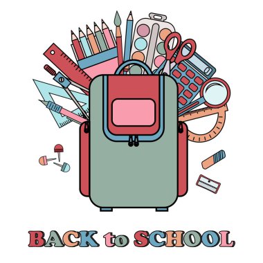 Okul sırt çantalı renkli pankart ve düz stil kırtasiye malzemesi, vektör