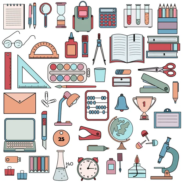 Farbset Von Schreibwaren Schule Und Büro Gegenstände Und Werkzeuge Vektorillustration — Stockvektor