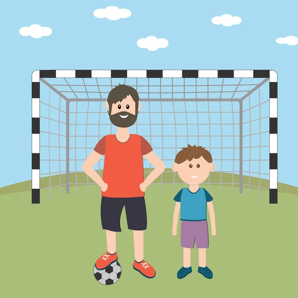 Pai Filho Jogando Futebol Cor Vetor Ilustração Estilo Plano Design — Vetor de Stock