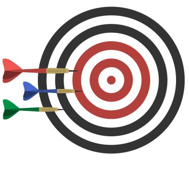 Beyaz arkaplan, simge, bayrak, tasarım, poster, vektör üzerinde izole edilmiş bir dart tahtası ve üç çok renkli dartın renk çizimi