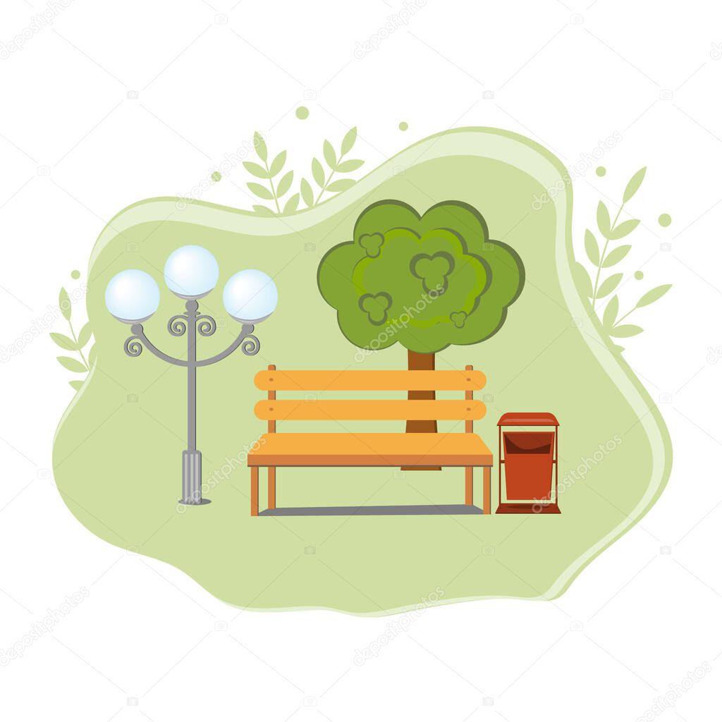 empty Park with a bench, lantern and urn on a tree background, color vector illustration in flat style, banner, design, decoration