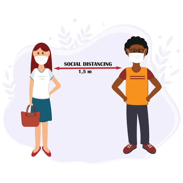Distanza Sociale Tra Persone Illustrazione Vettoriale Colori Stile Piatto Banner — Vettoriale Stock