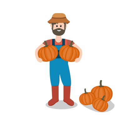 Çiftçinin elinde iki büyük balkabağı var. Beyaz arka plan, pankart, tasarım, dekorasyon gibi düz bir renk vektör çizimi.