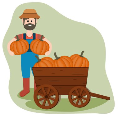 renk vektör çizimi çiftçi ve balkabağı arabası, hasat, düz stil, dekorasyon, tasarım