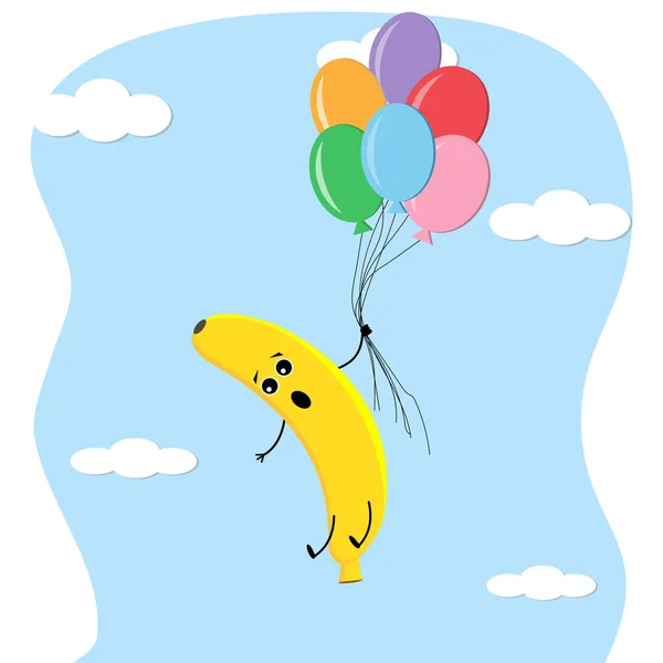 Banan Form Levande Karaktär Flyger Genom Himlen Ballonger Färg Vektor — Stock vektor