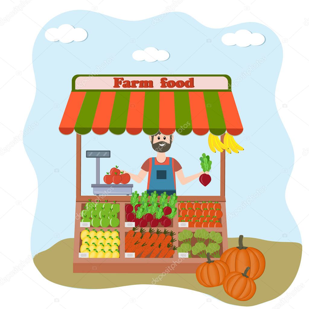 color vector illustration of a farmer and a pumpkin cart, harvesting, flat style, decoration, design