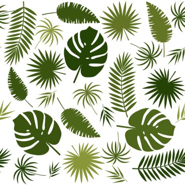 Beyaz arkaplanda tropikal yaprakların deseni, renk vektörü illüstrasyonu, tasarım, dekorasyon, arkaplan
