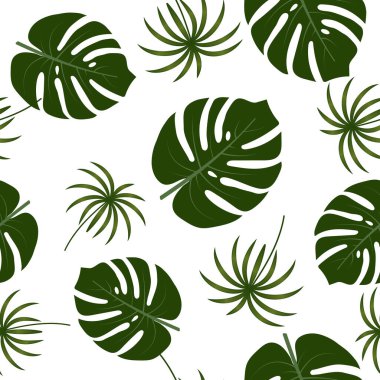 Beyaz zemin üzerinde tropikal yeşil yapraklar pottern, vektör illüstrasyon, tasarım, dekorasyon, poster, afiş