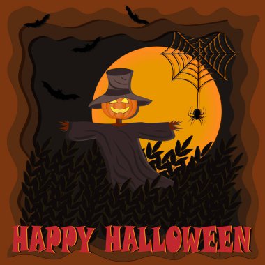Cadılar Bayramı için Ay 'ın arka planında kabak kafalı doldurulmuş bir hayvan resmi, vektör, hediye, tasarım, dekorasyon, afiş, poster.