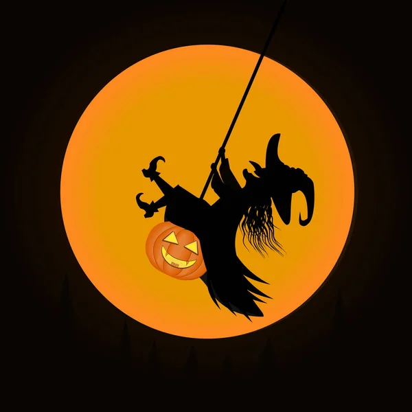 Czarownica Huśtawka Dyni Tle Księżyca Kolor Wektor Ilustracji Halloween Projekt — Wektor stockowy