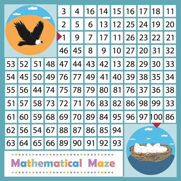 Matematiksel kare labirent, kartal görüntüsü ile matematiksel problem ve yumurtalı bir yuva, renk vektörü çizimi, çocuk kitapları tasarımı, gelişim ve eğitim