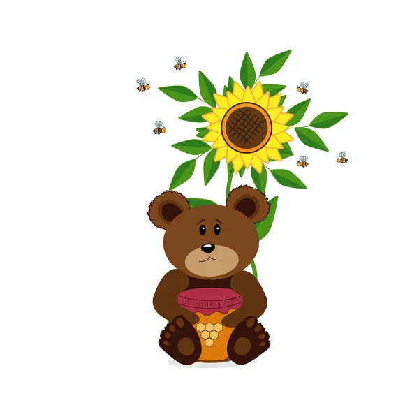 Μεμονωμένη Εικόνα Αρκούδας Παιχνιδιού Βάζο Μέλι Και Ηλιόσπορο Στο Φόντο — Διανυσματικό Αρχείο
