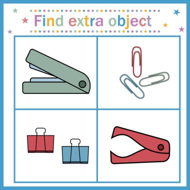 Çocuklar için eğitim kartı, fazladan bir nesne bulun, bu nesneler kağıt ve zımba çıkarıcıyı, zımba çıkarıcıyı gösterir. Vektör çizimi. Çocuk kitapları, eğitim tasarımı